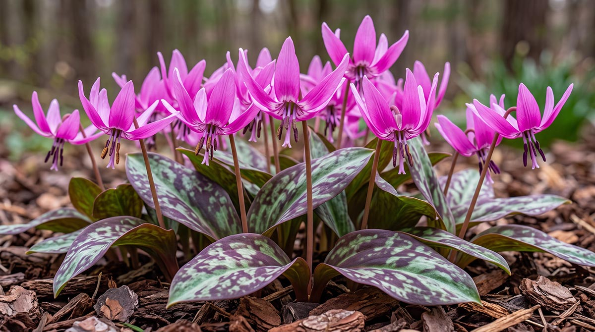 Psiząb liliowy odmiana Purple King Różowo-purpurowe kwiaty psizębu liliowego Purple King rosnące w kępie na ściółce z kory