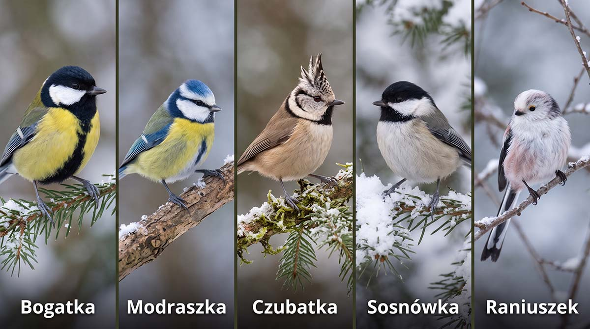 Zestawienie pięciu małych ptaków zimujących w Polsce: sikora bogatka, modraszka, czubatka, sosnówka oraz raniuszek.