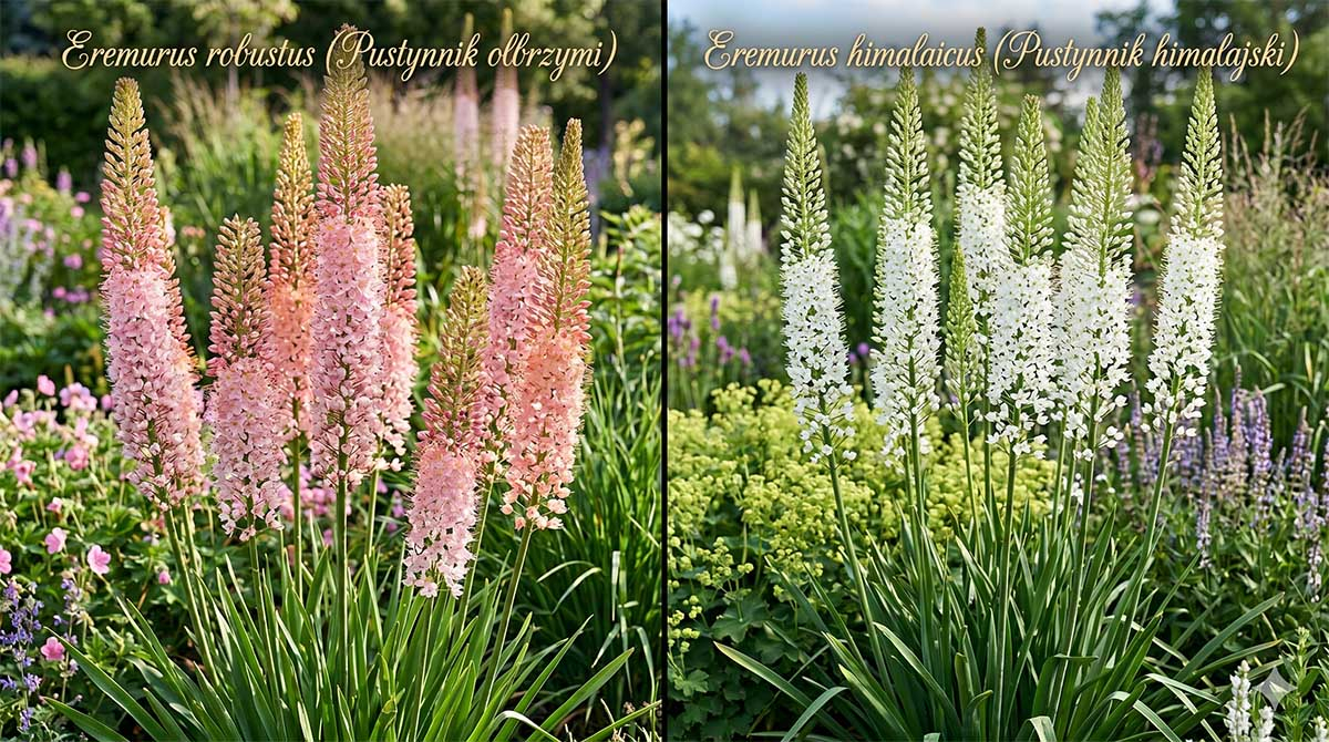 Porównanie dwóch odmian pustynnika na podzielonym ekranie: po lewej różowo-łososiowe kwiatostany pustynnika olbrzymiego (Eremurus robustus), po prawej gęste, śnieżnobiałe kłosy pustynnika himalajskiego (Eremurus himalaicus) w słonecznym ogrodzie.