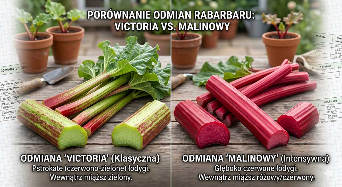 Porównanie wyglądu łodyg: z lewej strony klasyczny rabarbar Victoria (wybarwiający się na rabarbar zielony), a z prawej strony intensywnie czerwony rabarbar malinowy.