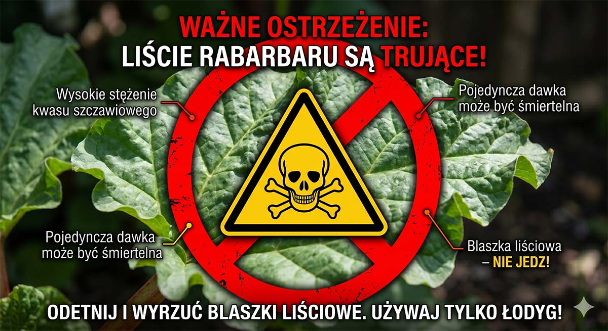 Znak ostrzegawczy na blaszce liściowej. Pamiętaj, że każdy rabarbar posiada silnie toksyczne liście z powodu kwasu szczawiowego i pod żadnym pozorem nie wolno ich jeść.