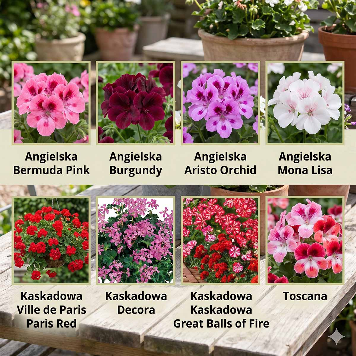 Kolaż 8 zdjęć przedstawiających ranking najpiękniejszych odmian pelargonii na drewnianym stole ogrodowym. W górnym rzędzie pelargonie angielskie: różowa Bermuda Pink, bordowa Burgundy, jasnofioletowa Aristo Orchid i biała Mona Lisa. W dolnym rzędzie pelargonie kaskadowe: czerwona Ville de Paris Red, różowa Decora, czerwono-biała Great Balls of Fire oraz różowa Toscana