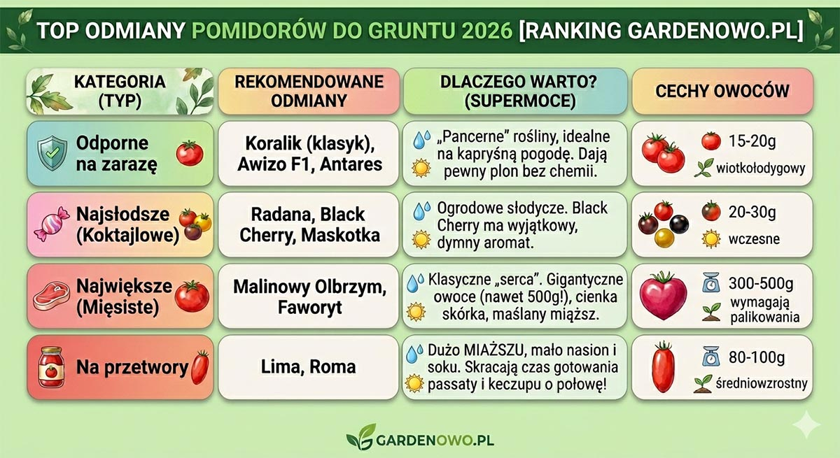 Tabela porównawcza najlepszych odmian pomidorów do gruntu 2026: Koralik, Bawole Serce, Lima, Malinowy Ożarowski