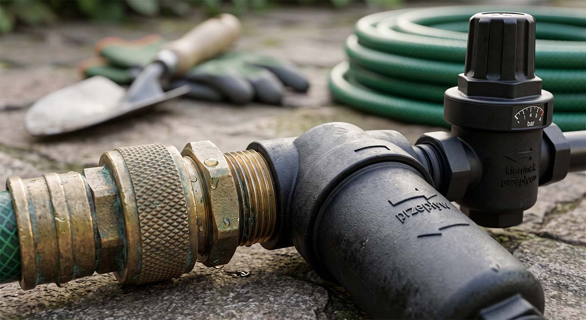 Zbliżenie na filtr siatkowy i reduktor ciśnienia do linii kroplującej Zbliżenie na czarny plastikowy reduktor ciśnienia i filtr zamontowane na początku systemu nawadniania kropelkowego.