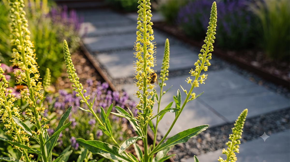 makro zbliżenie na czarne, drobne nasiona rezedy żółtawej (Reseda luteola) zgromadzone na dłoni ogrodnika nad mulczem w ogrodzie
