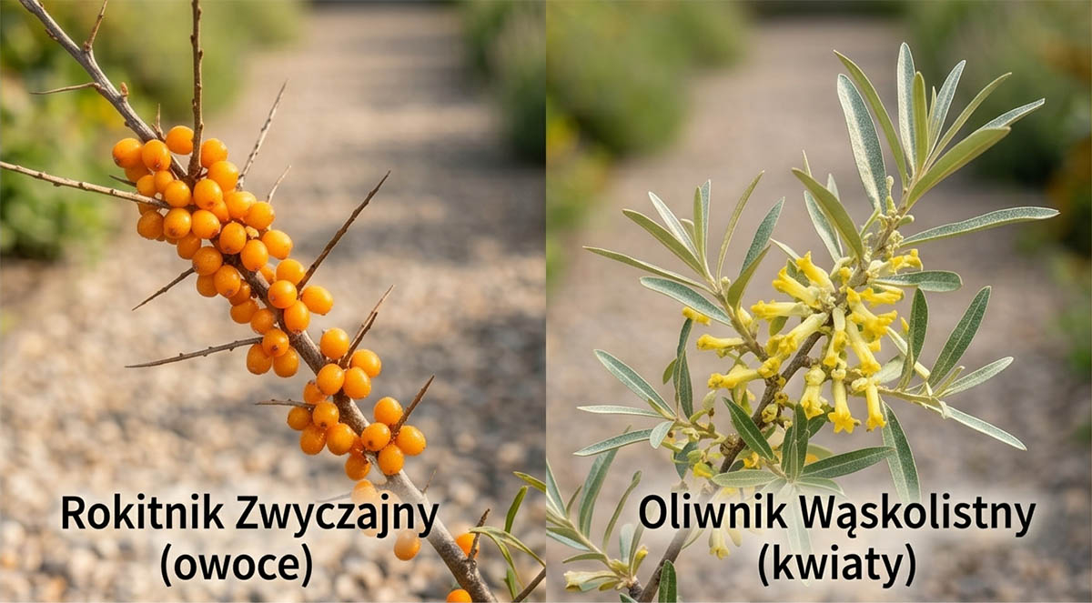 Porównanie gałęzi rokitnika zwyczajnego z pomarańczowymi owocami oraz oliwnika wąskolistnego z żółtymi kwiatami i podobnymi, srebrzystymi liśćmi.