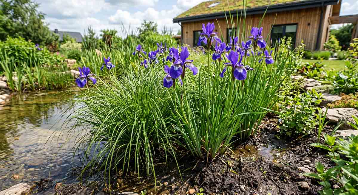 Rośliny do ogrodu-gąbki — Iris sibirica i Carex Kosaciec syberyjski i turzyca jako rośliny pochłaniające wodę w sponge garden