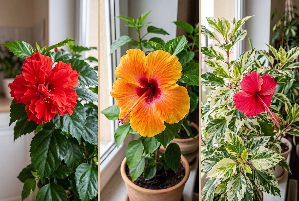 Trzy popularne odmiany róży chińskiej (hibiskusa domowego) – pełna czerwona, pomarańczowa oraz pstra variegata Trzy popularne odmiany róży chińskiej (hibiskusa domowego) – pełna czerwona, pomarańczowa oraz pstra variegata