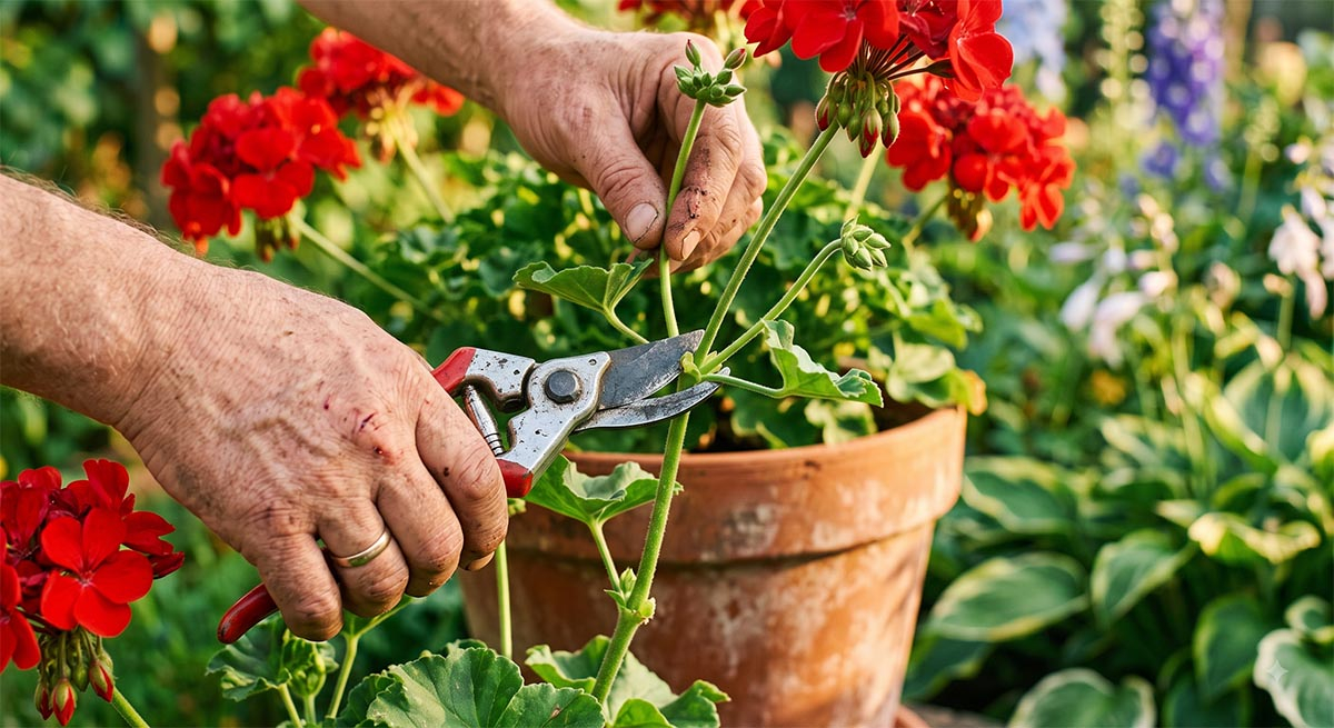 Dłoń z sekatorerm pobierająca sadzonkę wierzchołkową pelargonii rabatowej w sierpniu.