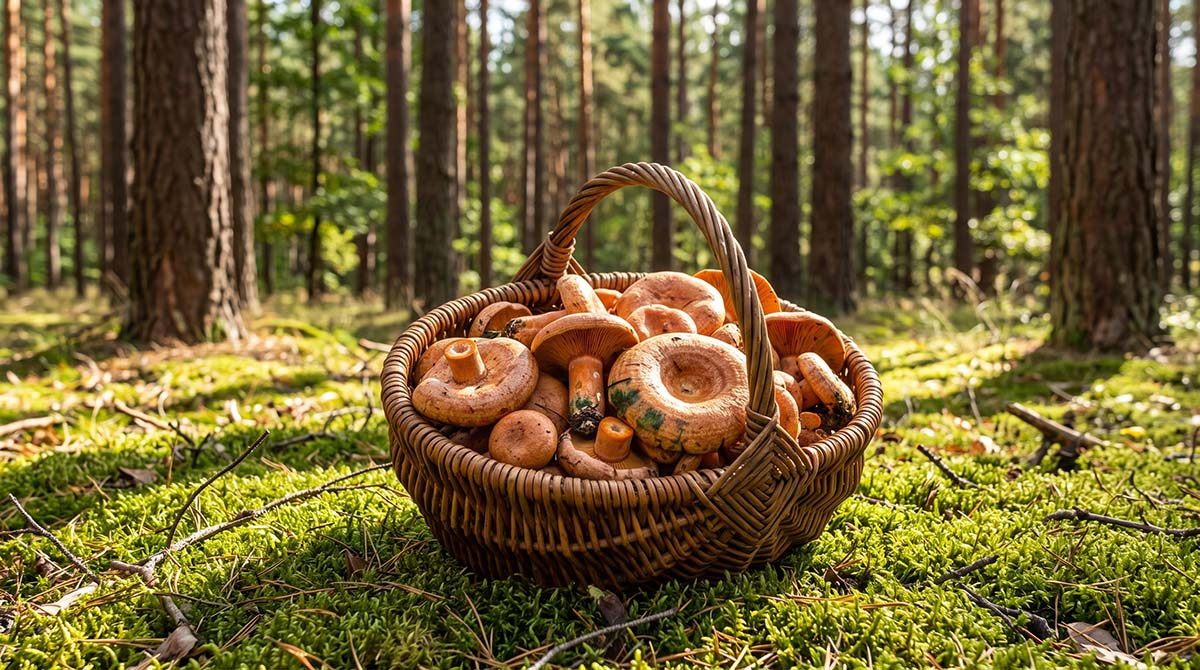 Zbiór rydzów w lesie sosnowym Pełny wiklinowy koszyk świeżo zebranych rydzów postawiony na zielonym mchu w nasłonecznionym lesie sosnowym.