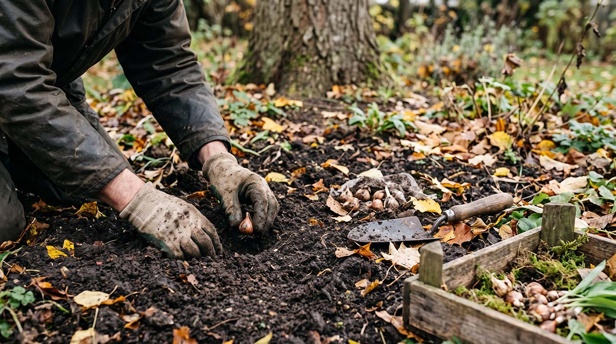 Jesienne sadzenie czosnku niedźwiedziego w ogrodzie Sadzenie czosnku niedźwiedziego jesienią – dłonie w rękawiczkach wkładają cebulkę do wilgotnej ziemi pod drzewem