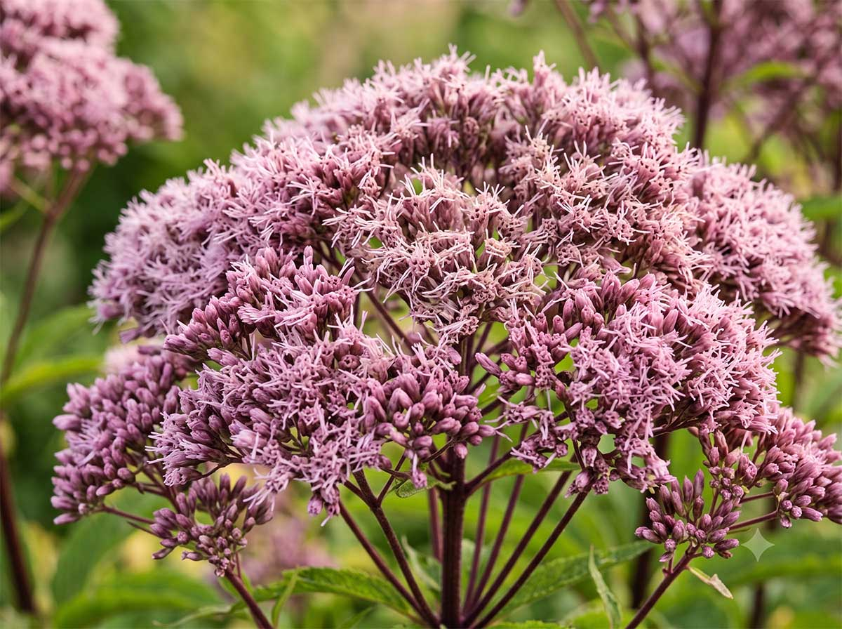 Kwiatostan sadźca plamistego Atropurpureum z bliska Zbliżenie na puszysty, ciemnoróżowy kwiatostan sadźca plamistego odmiany Atropurpureum