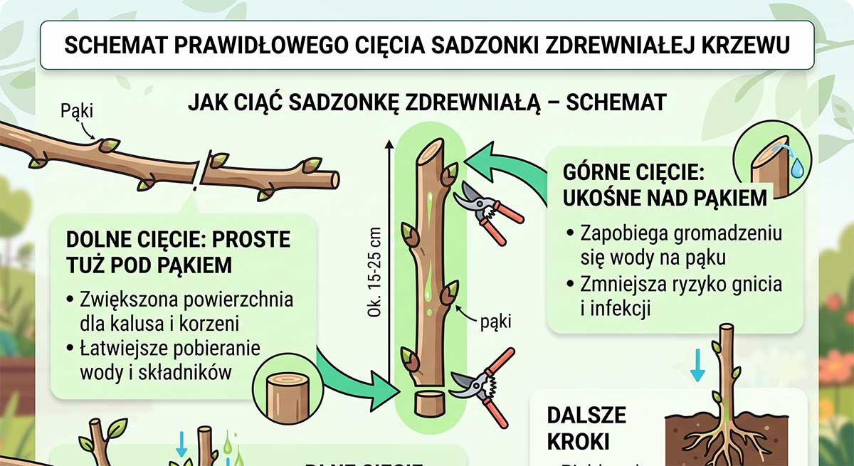 Jak ciąć sadzonkę zdrewniałą - schemat Schemat prawidłowego cięcia sadzonki zdrewniałej krzewu