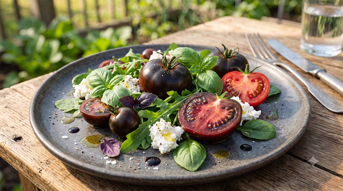 Sałatka z czarnych pomidorów - pomysł na wykorzystanie w kuchni. Świeża sałatka z pokrojonych czarnych pomidorów, sera mozzarella i liści bazylii podana na ciemnym talerzu.