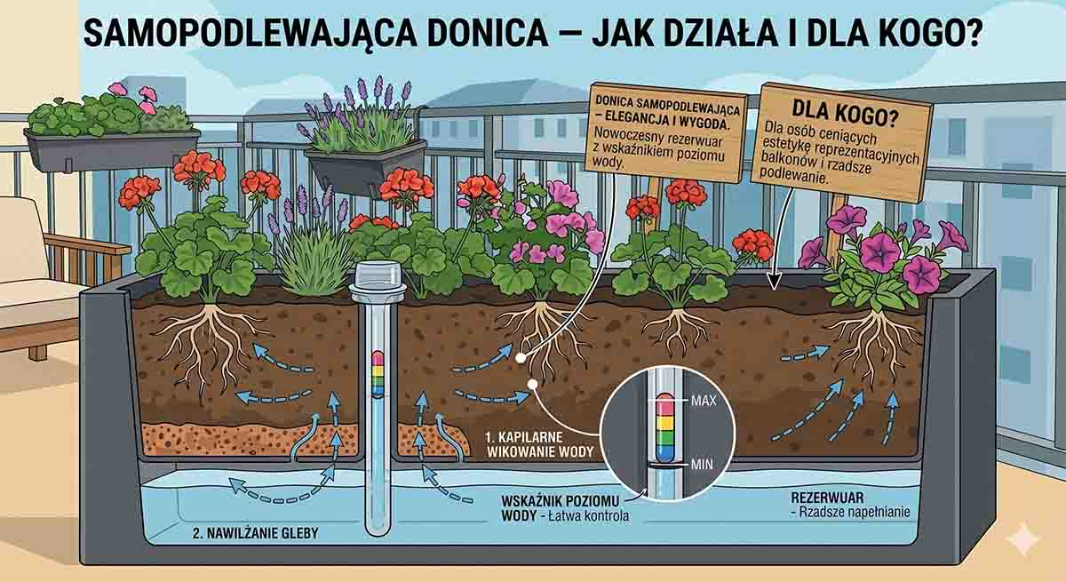 Samopodlewająca donica - jak działa i dla kogo? Samopodlewająca donica balkonowa ze wskaźnikiem poziomu wody