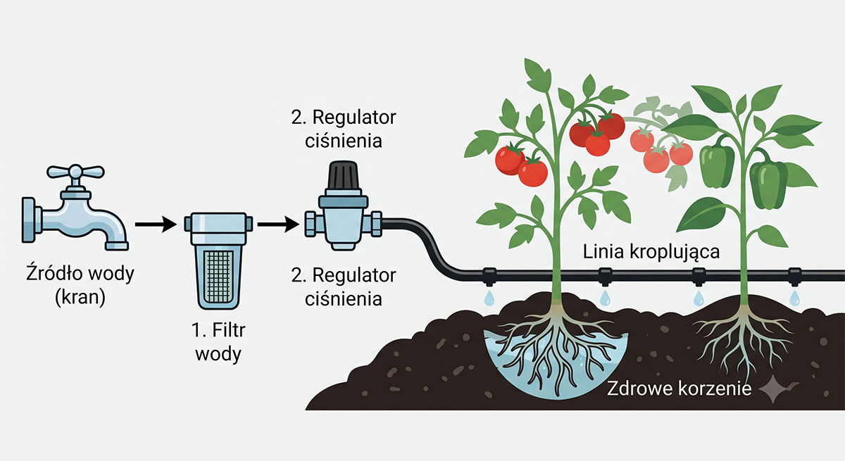 Schemat podłączenia filtra i reduktora w systemie kropelkowym Infografika pokazująca kolejność podłączenia elementów nawadniania: kran, filtr, reduktor ciśnienia, linia kroplująca przy roślinach.