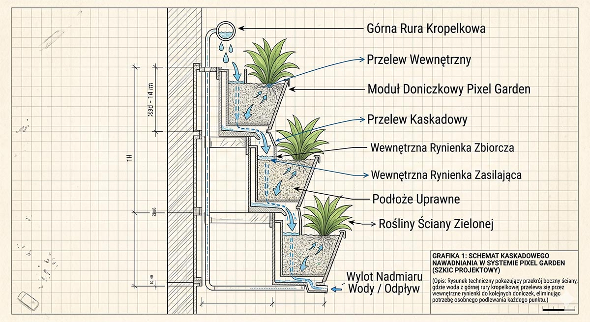 Schemat techniczny kaskadowego systemu nawadniania Pixel Garden pokazujący przepływ wody z górnej rury do niższych doniczek.