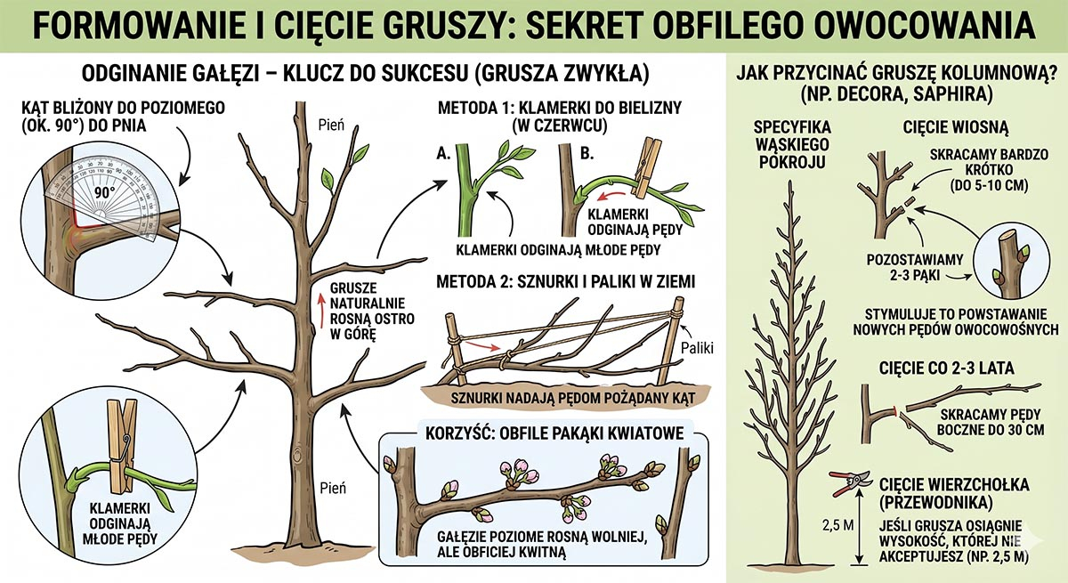 Schemat techniczny sadzenia gruszy: dołek 50x50 cm, drenaż, palikowanie i poziom miejsca szczepienia.