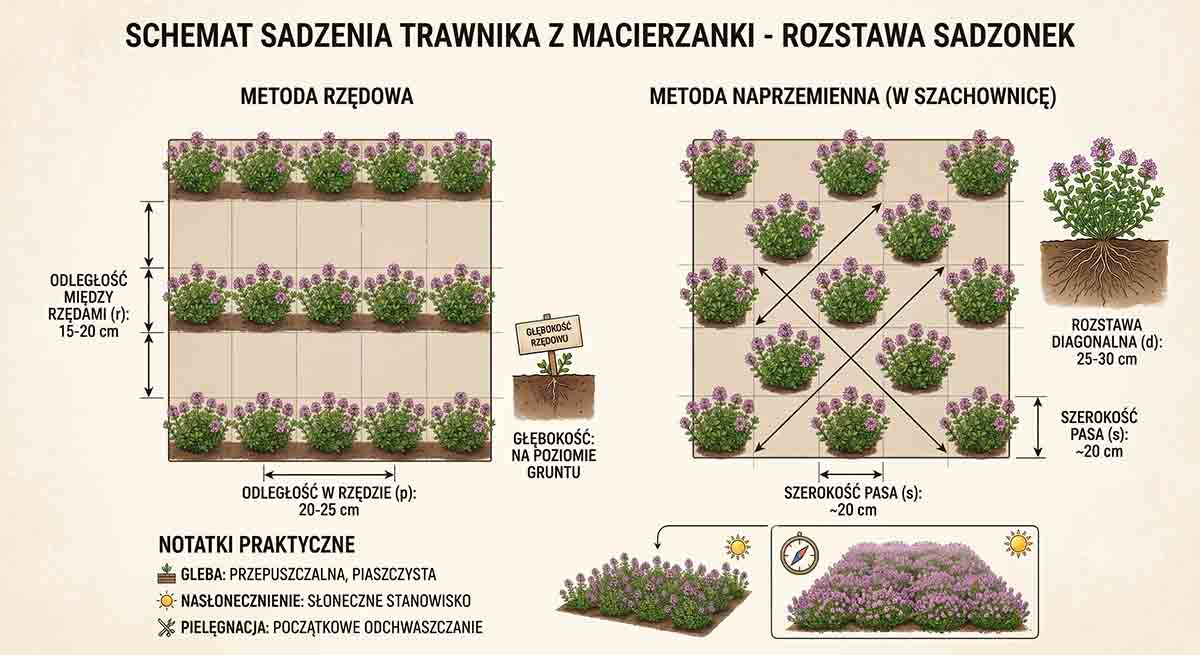 Schemat sadzenia trawnika z macierzanki Schemat sadzenia trawnika z macierzanki - rozstawa sadzonek. Sadzonki rozstawione co 10-15 cm tworzą po 2-3 sezonach zwarty kobierzec