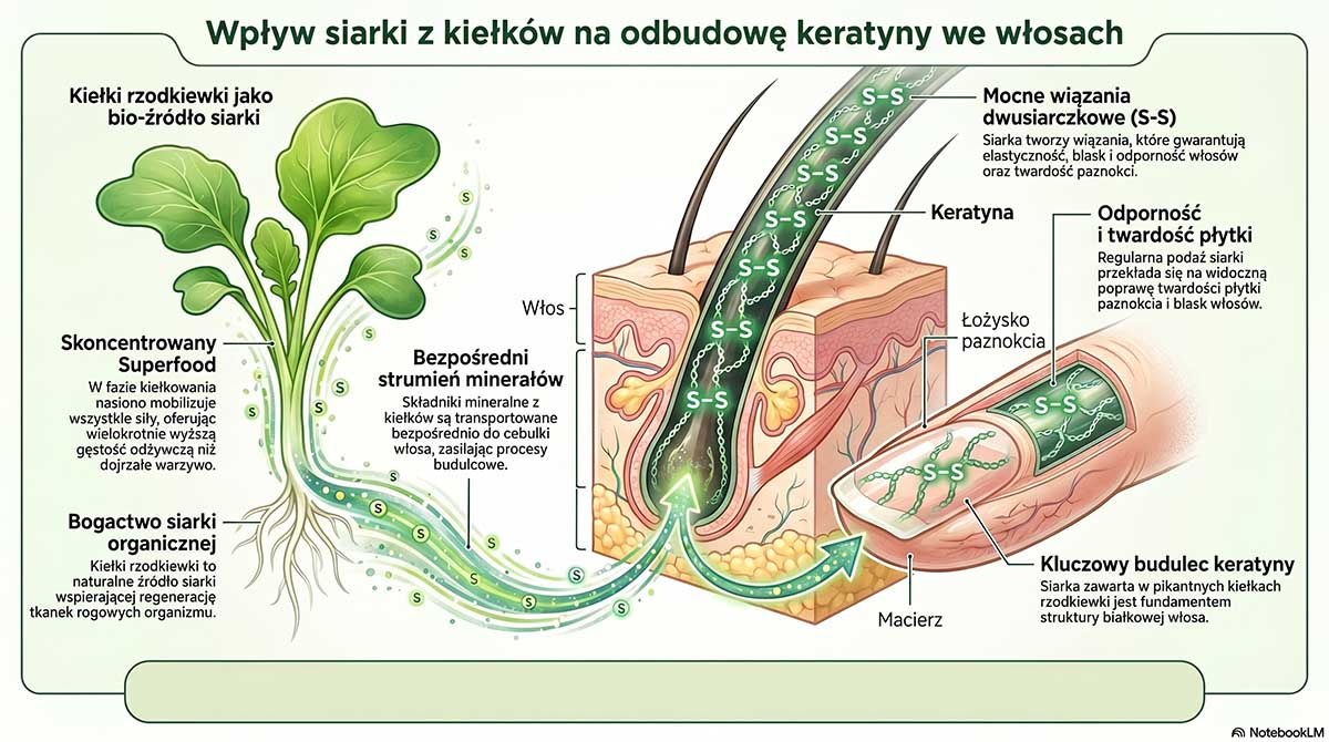 Schemat biologiczny pokazujący wiązania mostków dwusiarczkowych (ikony S-S) w strukturze włosa i paznokcia. Obok symbol zielonego kiełka rzodkiewki przekazującego strumień minerałów bezpośrednio do cebulki włosa.