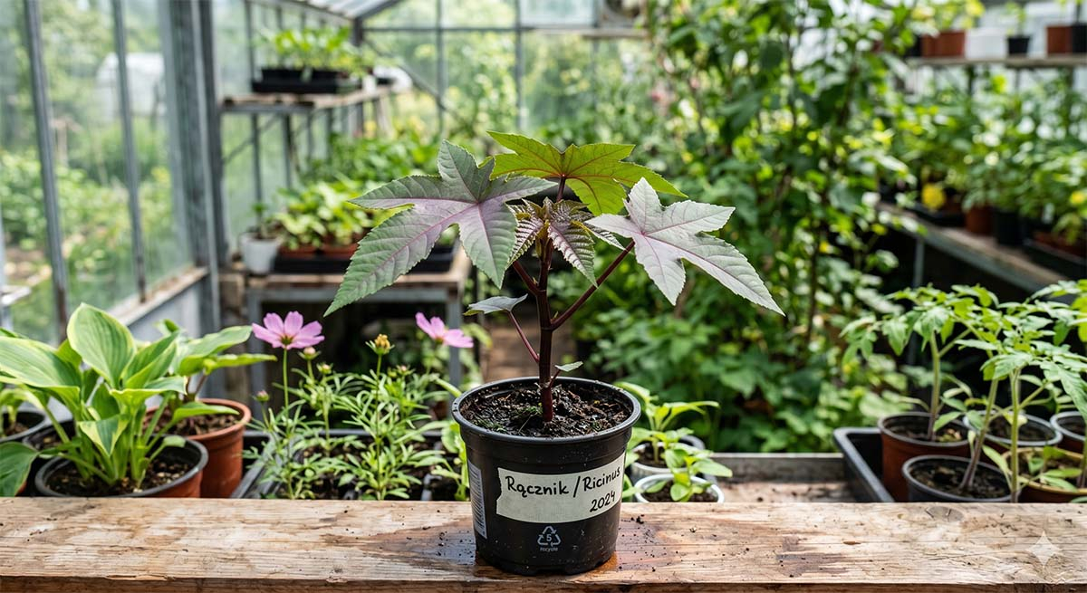 Młoda siewka rącznika (Ricinus) w czarnej plastikowej doniczce z etykietą, stojąca na drewnianym stole. W tle widać wnętrze szklarni z innymi roślinami i metalowymi regałami pod szkłem.
