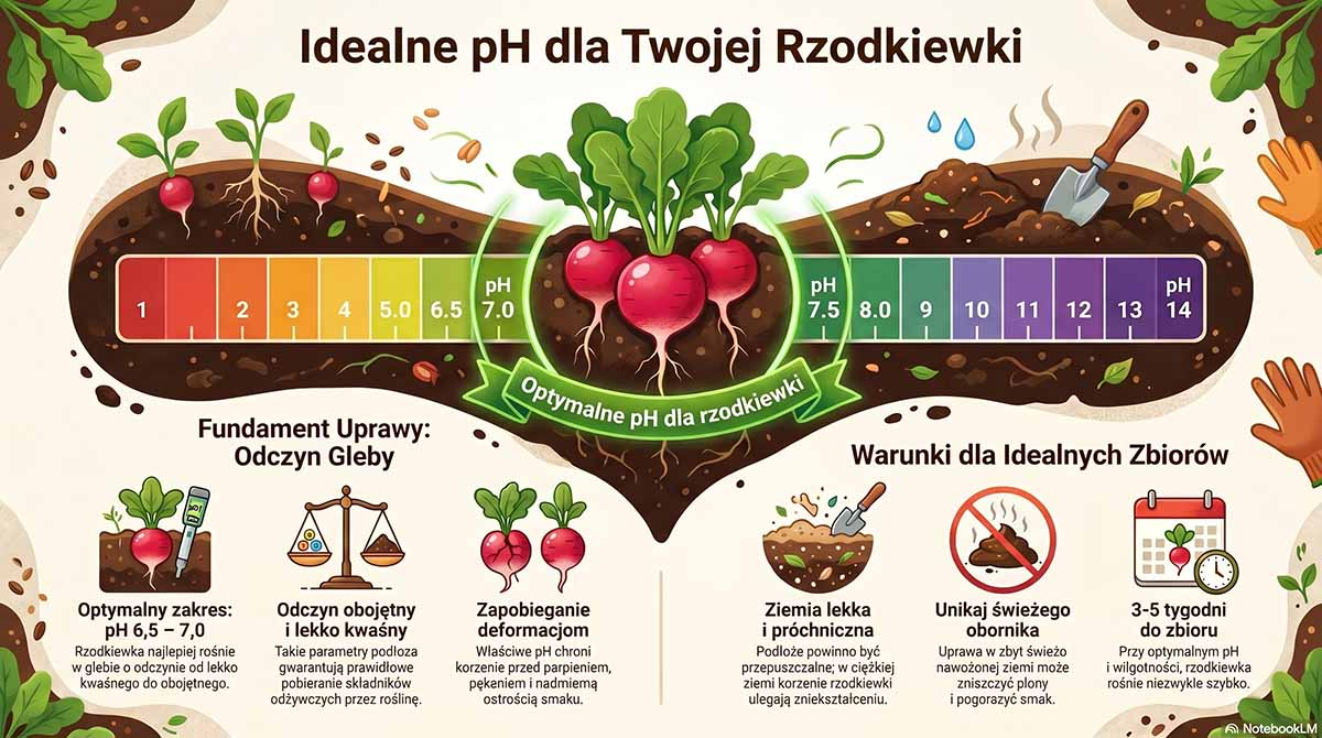 Kolorowa skala pH od 1 do 14, z wyraźnie zaznaczonym i powiększonym na zielono zakresem od 6,5 do 7,0, opisanym jako "Optymalne pH dla rzodkiewki".