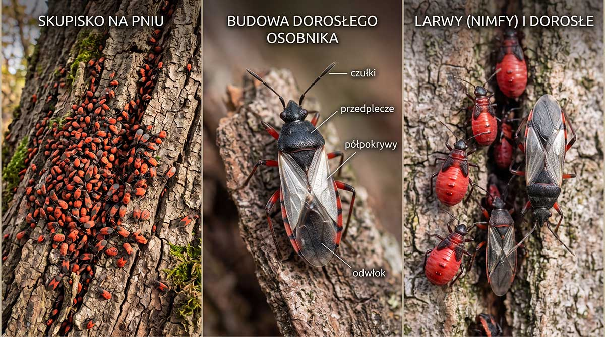 Skupieniec lipowy - anatomia, larwy i skupiska na korze drzewa Skupieniec lipowy - infografika w trzech kadrach: kolonia owadów na korze lipy, budowa anatomiczna dorosłego osobnika oraz porównanie nimf z postaciami dorosłymi.