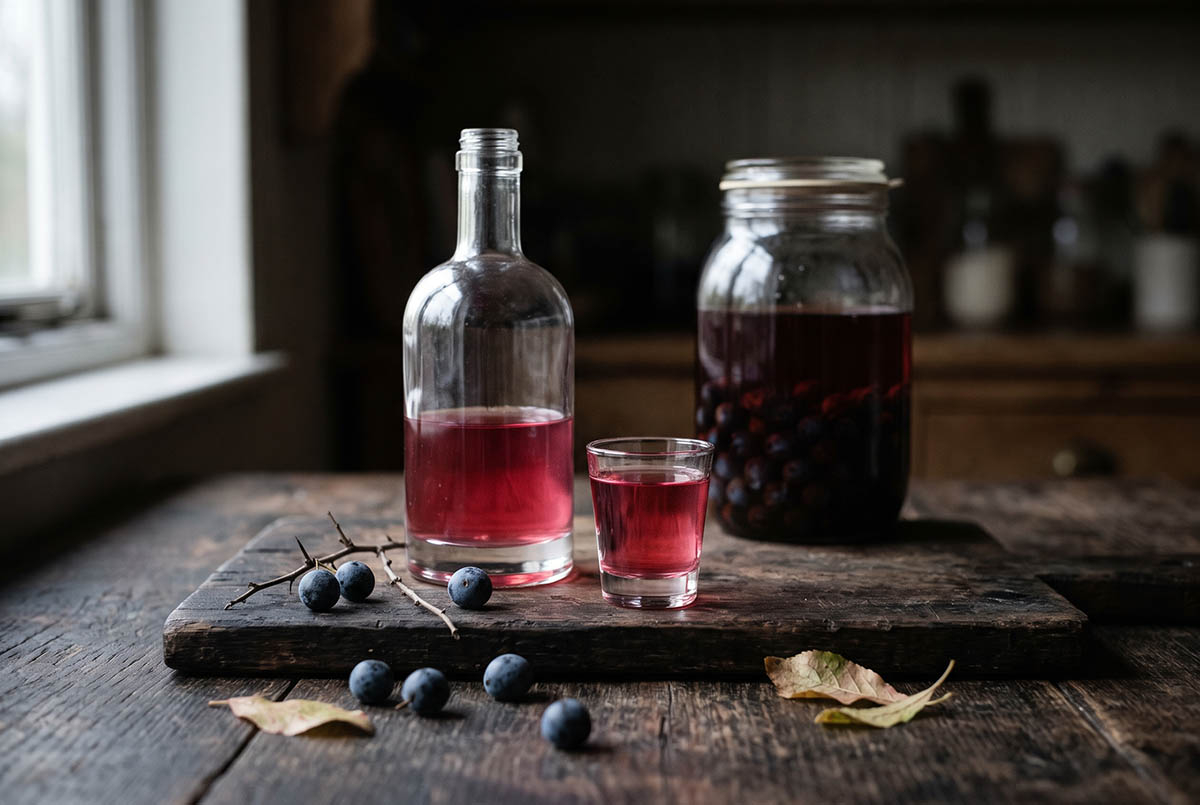 Sloe gin z tarniny: domowy trunek w kolorze rubinu Butelka i szklanka sloe ginu z tarniny z granatowymi owocami na drewnianej desce