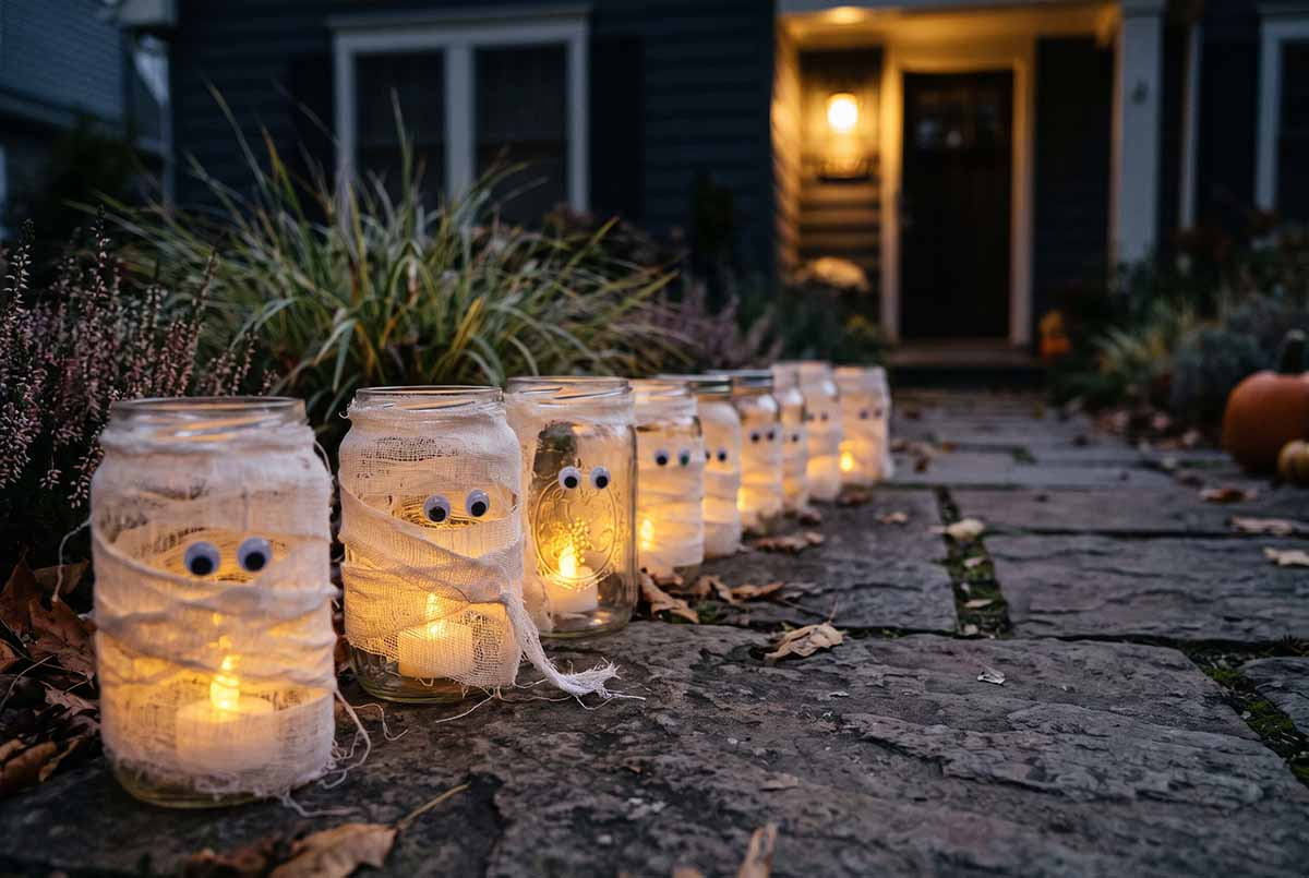 Ścieżka ze słoików-mumii na Halloween - dekoracja ze światłem LED Słoiki owinięte bandażem z ruchomymi oczkami i światłem LED ustawione jako ścieżka do drzwi wejściowych wieczorem
