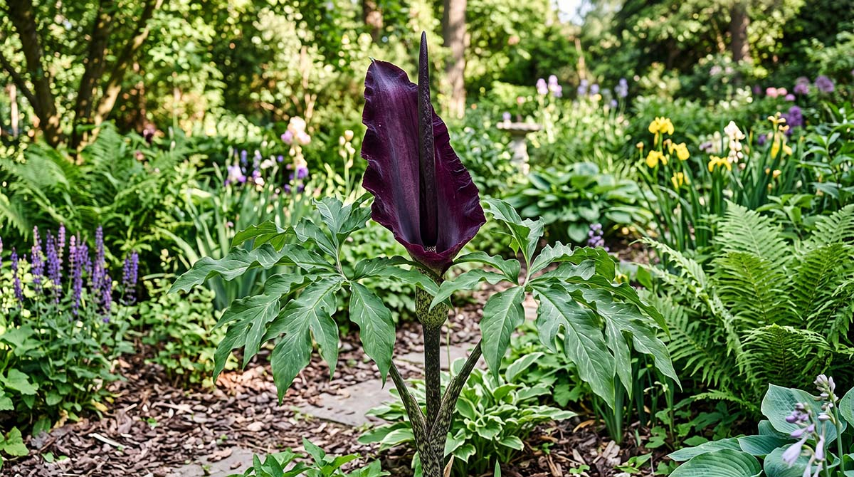 Duży, monumentalny kwiat smoczej lilii (Drakunkulus zwyczajny) o ciemnopurpurowej pochwie i czarnej kolbie, rosnący na rabacie w ogrodzie w otoczeniu zielonych liści w słoneczny dzień.