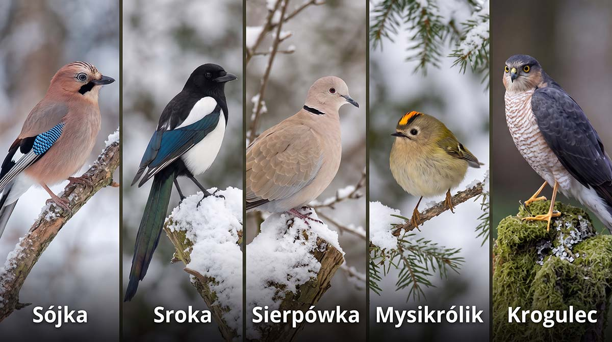 Zestawienie pięciu ptaków spotykanych zimą w ogrodzie: sójka na gałęzi, sroka na zaśnieżonym pniu, sierpówka, maleńki mysikrólik na gałązce świerku oraz krogulec na omszałym pniaku.