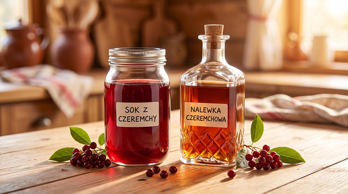Domowy sok i nalewka z owoców czeremchy Estetyczne zdjęcie pokazujące domowe przetwory z czeremchy: słoik soku i butelkę nalewki na drewnianym stole w świetle słońca.