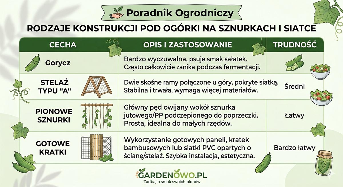 rodzaje konstrukcji pod ogórki na sznurkach i siatce.