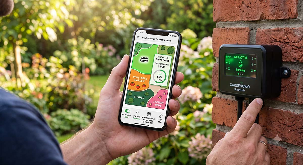 Mężczyzna trzymający smartfon w ogrodzie, na którym widać aplikację do sterowania automatycznym systemem nawadniania ogrodu. W tle widać nowoczesny sterownik Wi-Fi zamontowany na ścianie z cegły. Ilustracja inteligentnego sterowania nawadnianiem.