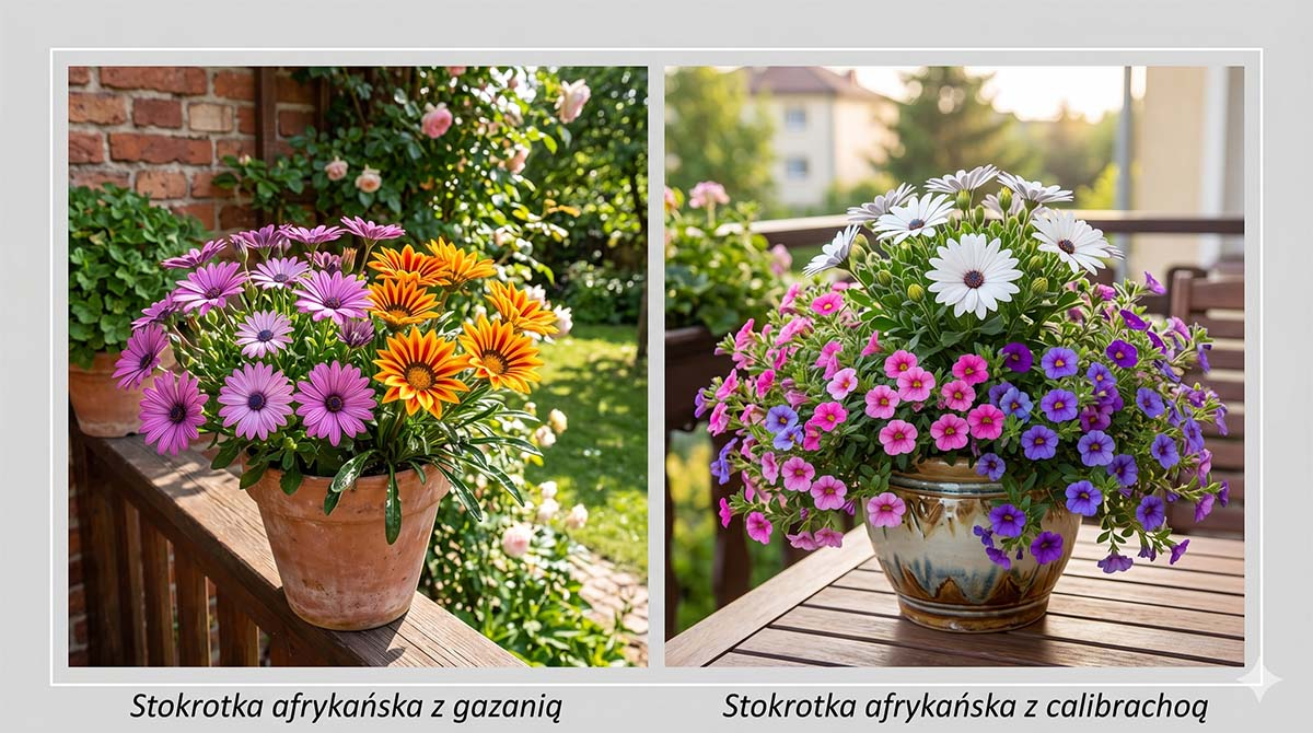 Zestawienie dwóch zdjęć z kompozycjami kwiatowymi: stokrotka afrykańska z pomarańczową gazanią oraz fioletowe osteospermum z drobną calibrachoą w donicach balkonowych.