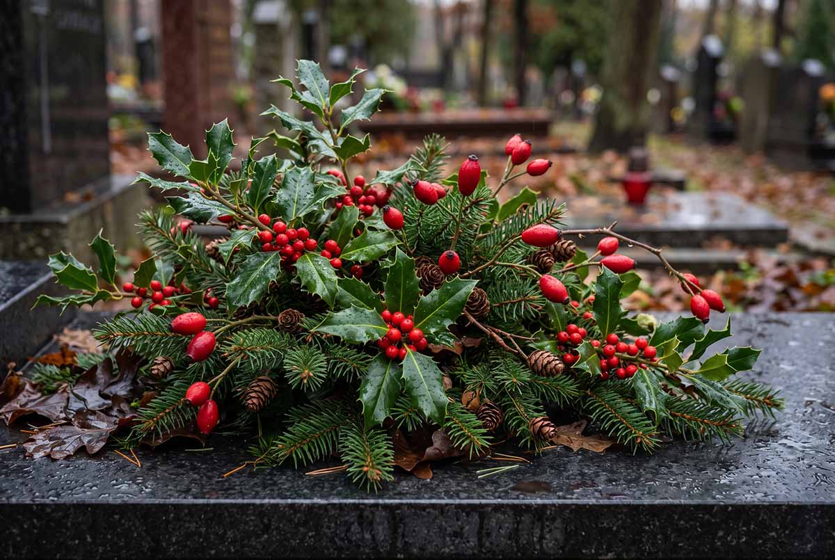 Stroik z ostrokrzewu i owoców dzikiej róży Stroik na grób z gałązek ostrokrzewu z czerwonymi owocami, owoców dzikiej róży i świerku