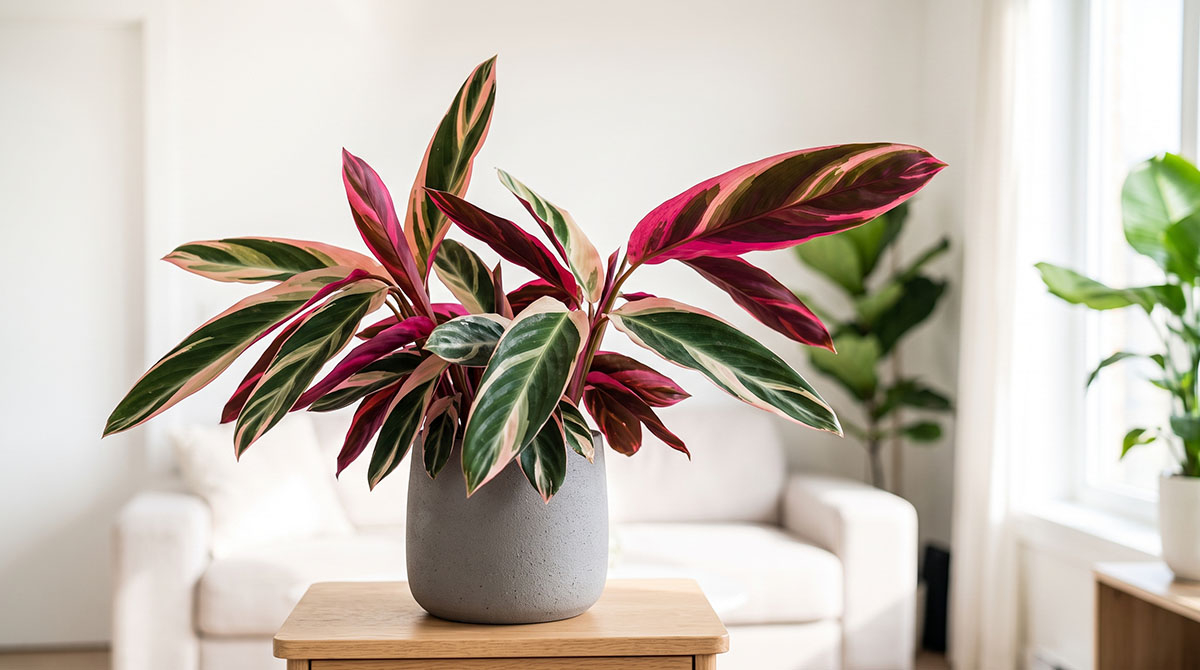 Spektakularna Stromanthe 'Triostar' w salonie - sekrety wybarwienia Lush i zdrowe Stromanthe 'Triostar' z neonowo różowymi, kremowymi i zielonymi liśćmi, rosnące w szarej ceramicznej doniczce w jasnym, nowoczesnym salonie na drewnianym stoliku.