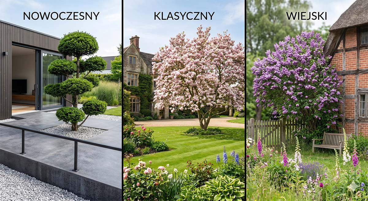 Kolaż przedstawiający trzy style soliterów: formowaną sosnę niwaki w nowoczesnym ogrodzie, kwitnącą różową magnolię na klasycznym trawniku oraz fioletowy bez lilak przy sielskim drewnianym płocie