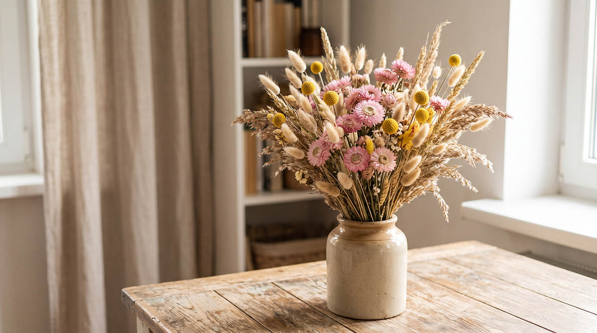 Suszony bukiet boho z suchlinem różowym Estetyczny, suszony bukiet w stylu boho w ceramicznym wazonie, zawierający różowy suchlin, kraspedię i trawy ozdobne.