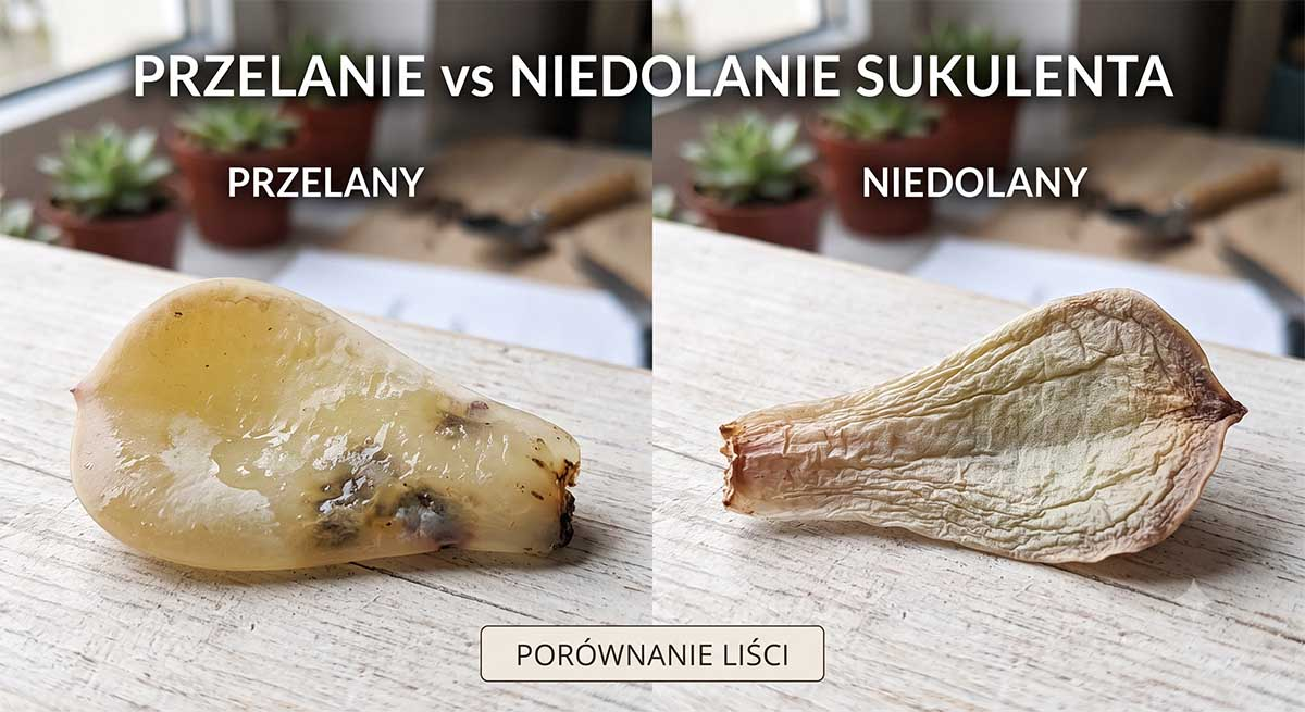 Przelanie vs niedolanie sukulenta porównanie liścia sukulenta przelanego i niedolanego