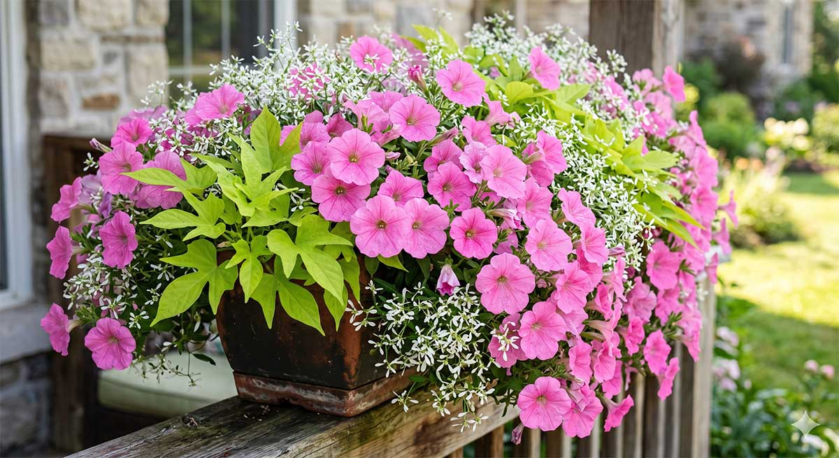 Zbliżenie na donicę balkonową z obficie kwitnącą, różową petunią Supertunia Vista Bubblegum, przeplataną drobnymi, białymi kwiatami wilczomlecza Diamond Frost oraz jasnotartymi, limonkowymi liśćmi wilca ziemniaczanego w słoneczny dzień.
