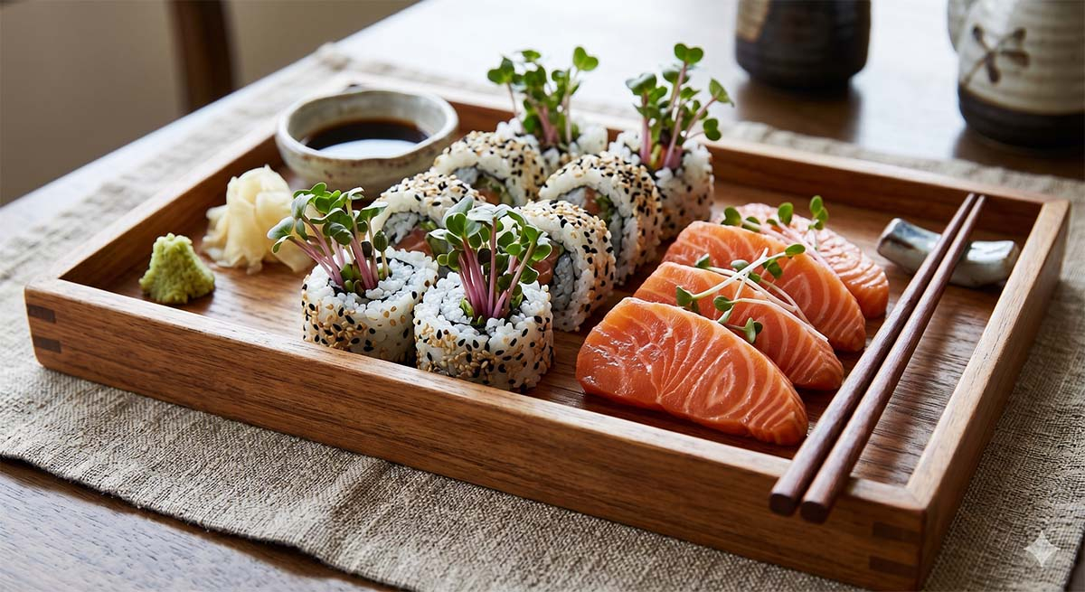 Drewniana, japońska taca z perfekcyjnie ułożonymi rolkami sushi (uramaki), z których środka wystają długie, chrupiące, biało-zielone kiełki rzodkwi japońskiej Daikon (Kaiware) obok soczystego plastra łososia.