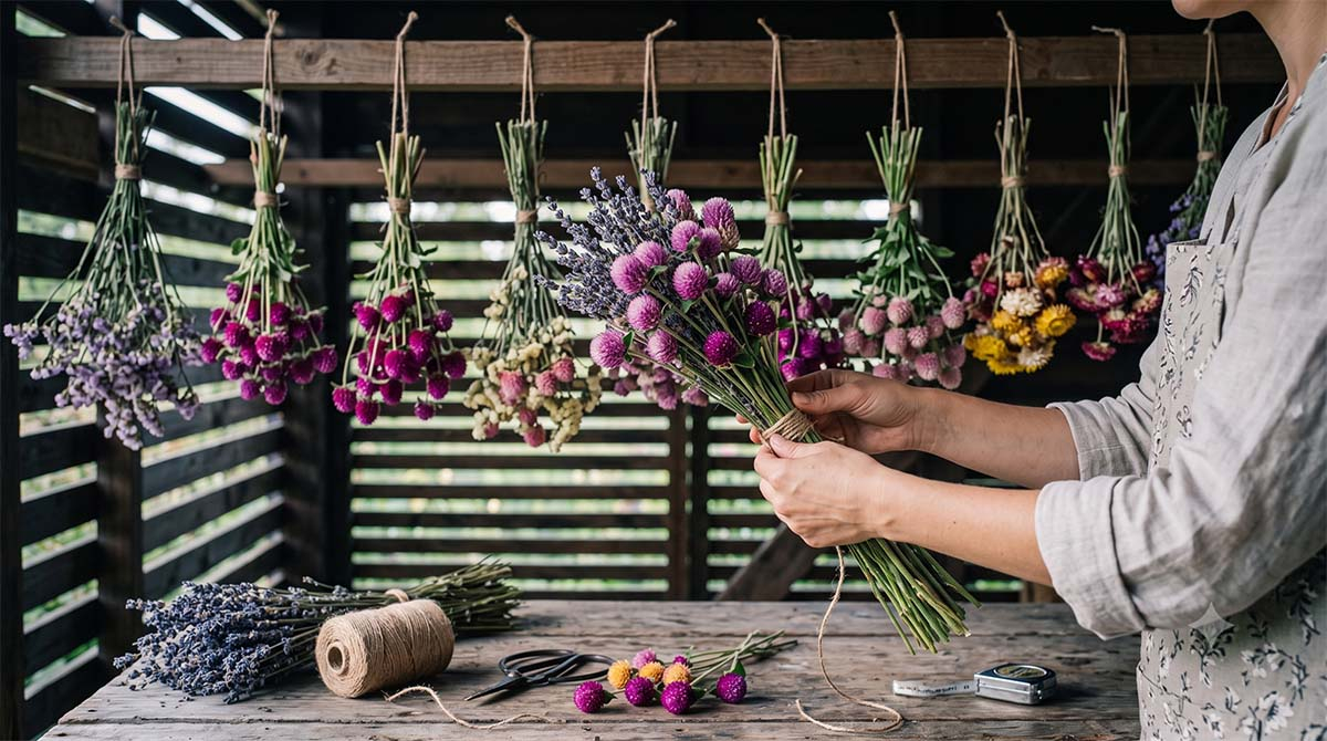 Proces suszenia gomfreny kulistej w pęczkach Dłonie florysty wiążą pęczek świeżej fioletowej gomfreny kulistej sznurkiem jutowym w rustykalnej suszarni, obok wiszą wysuszone kwiaty.