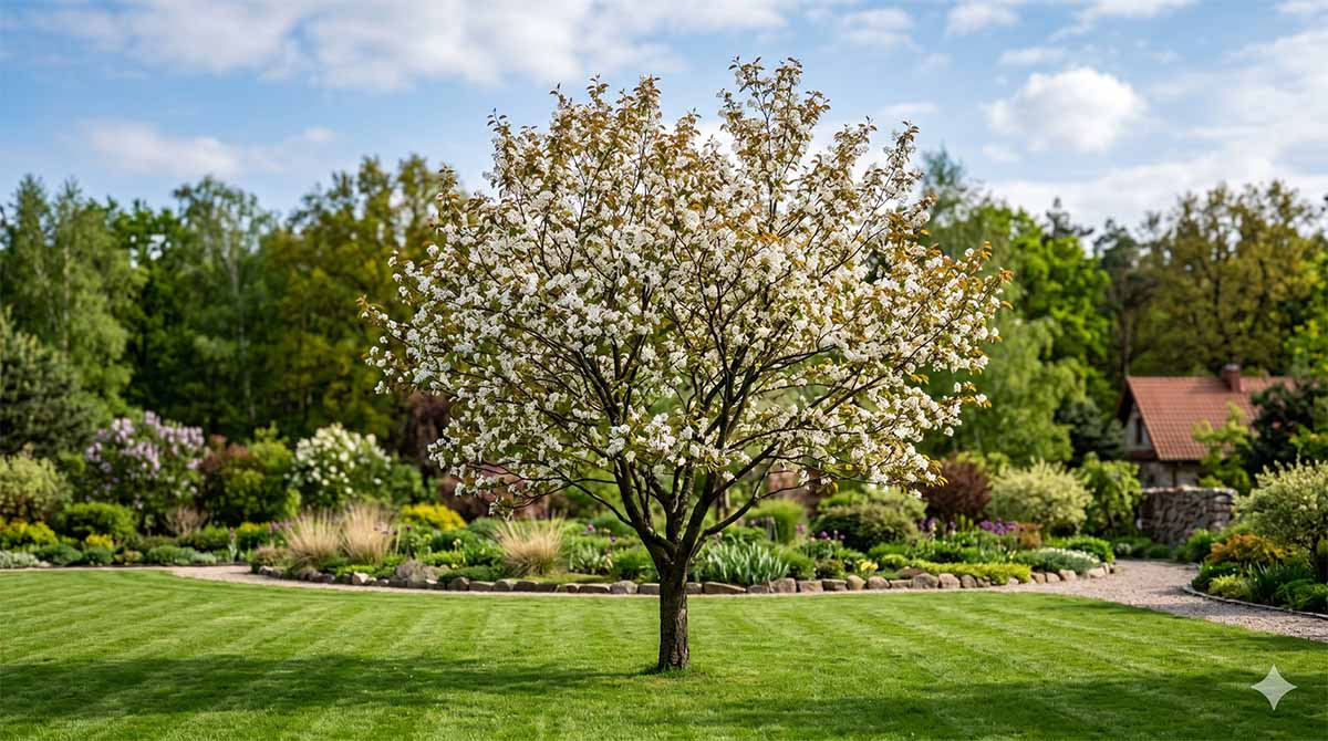 Świdośliwa Lamarcka (Amelanchier lamarckii) jako soliter w ogrodzie Kwitnąca świdośliwa Lamarcka o zaokrąglonej koronie obsypanej białymi kwiatami, rosnąca jako soliter na zadbanym, zielonym trawniku. W tle widoczne bogate rabaty z trawami ozdobnymi i gęsta ściana drzew.