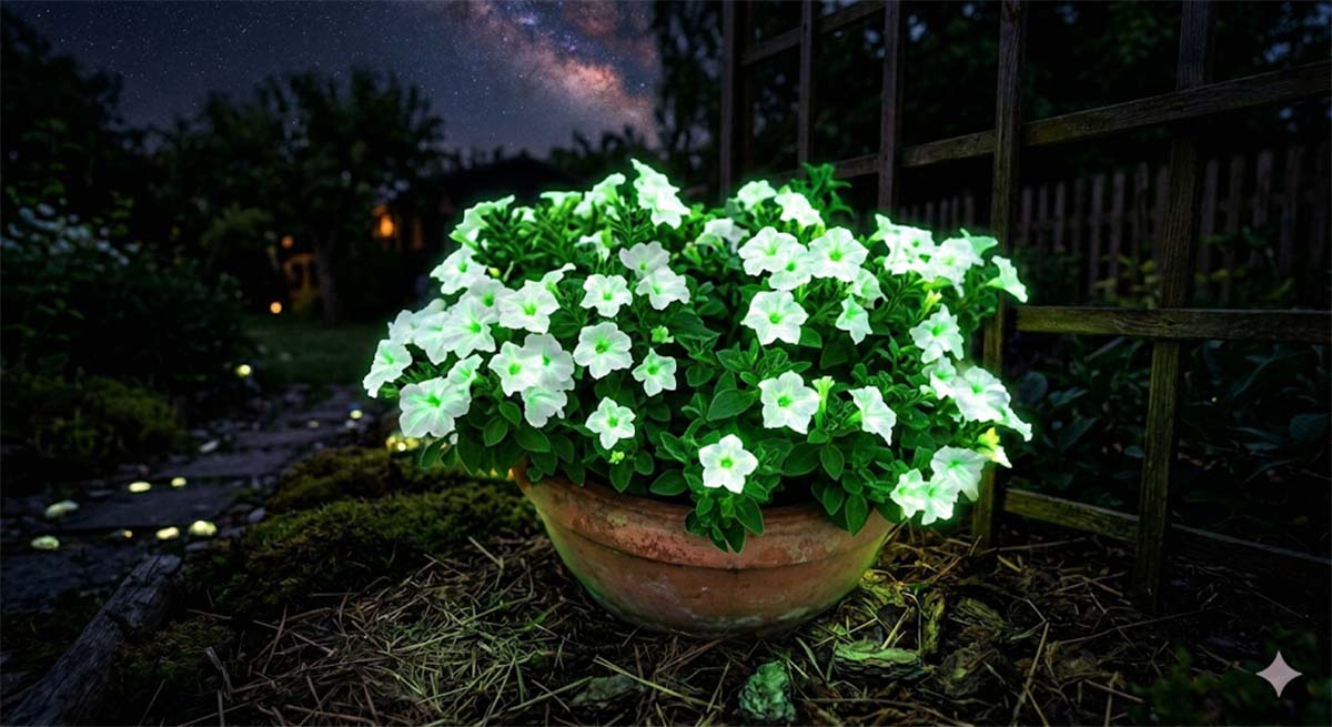 Świecąca w ciemności petunia Firefly emitująca zielone światło na ciemnym tarasie.