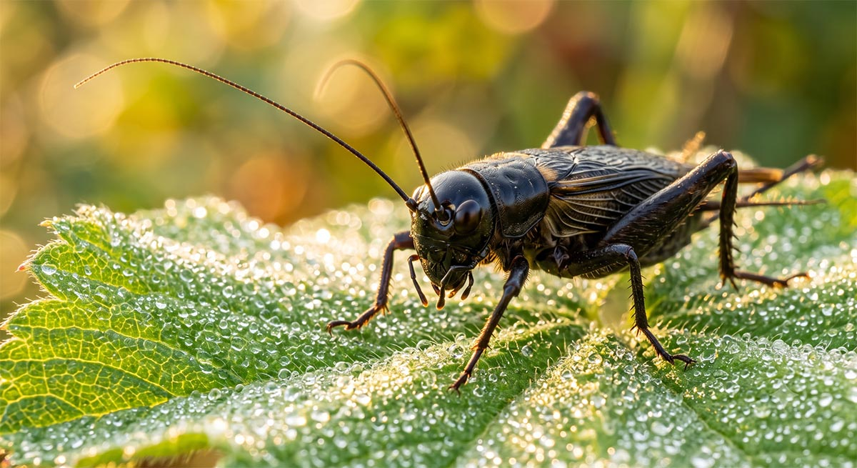 Świerszcz polny na liściu Makro zdjęcie błyszczącego, czarnego świerszcza polnego na zielonym liściu w ogrodzie o wschodzie słońca.