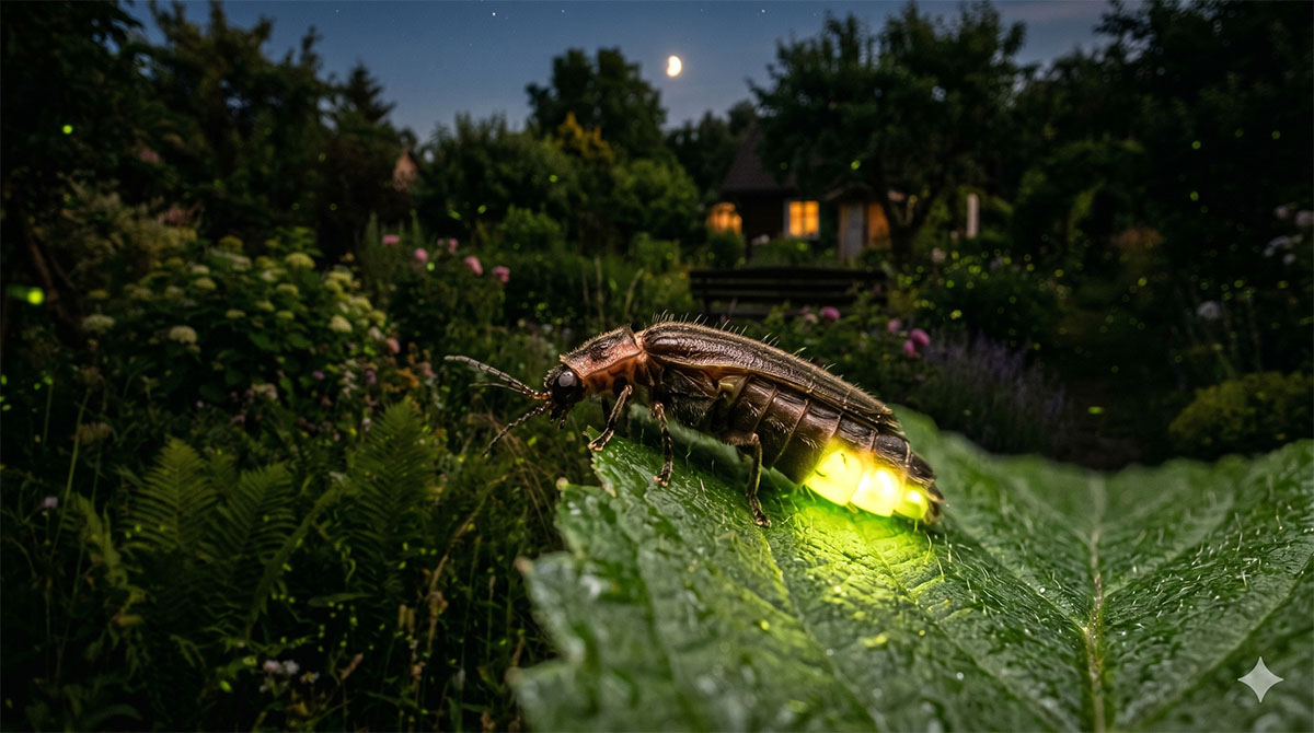 Świetlik świętojański (Lampyris noctiluca) w powiększeniu makro Zbliżenie makro na świetlika świętojańskiego siedzącego na zielonym liściu pokrytym kropelkami rosy. Tył odwłoka owada intensywnie świeci jaskrawym, żółto-zielonym światłem.