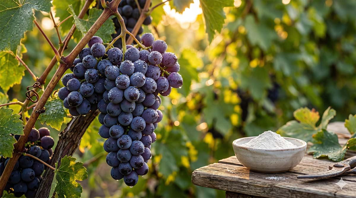 Zbiory w winnicy: świeże winogrona i przygotowania do pieczenia lub produkcji Dojrzała kiść ciemnych winogron pokryta rosą wisząca na krzewie w winnicy, obok na drewnianym stole miseczka z mąką i sekator.