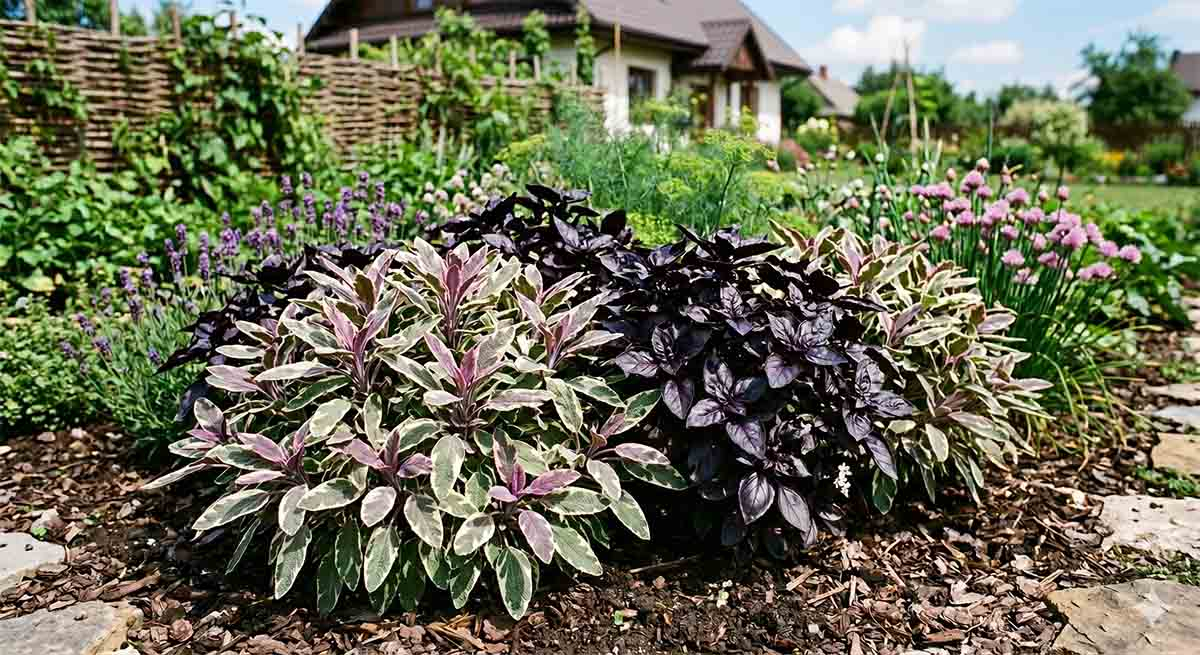 Szałwia Tricolor i bazylia Dark Opal &ndash; jadalne Bold Foliage na rabacie