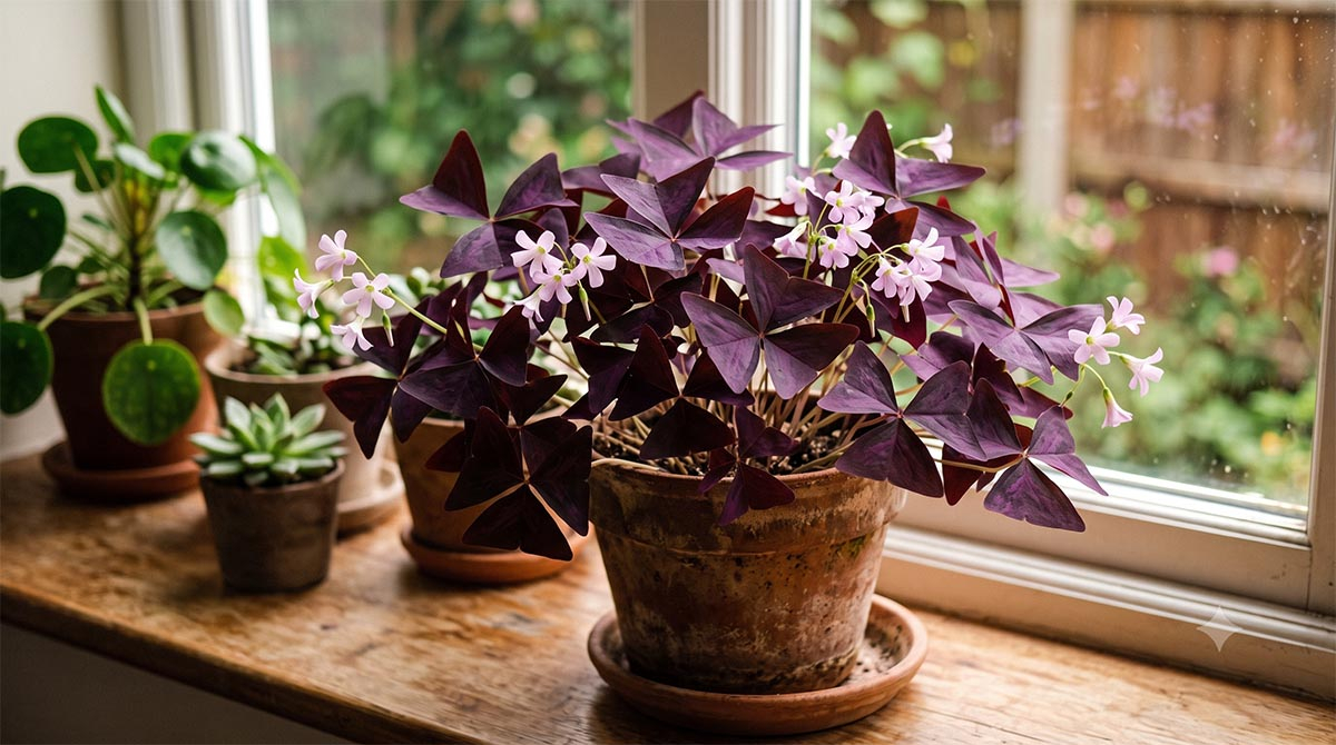 Szczawik purpurowy w doniczce na słonecznym parapecie Gęsty szczawik trójkątny (Oxalis triangularis) o intensywnych purpurowych liściach i delikatnych różowych kwiatach, rosnący w glinianej doniczce na drewnianym parapecie w jasnym świetle okna. W tle rozmyty ogród i inne rośliny domowe.